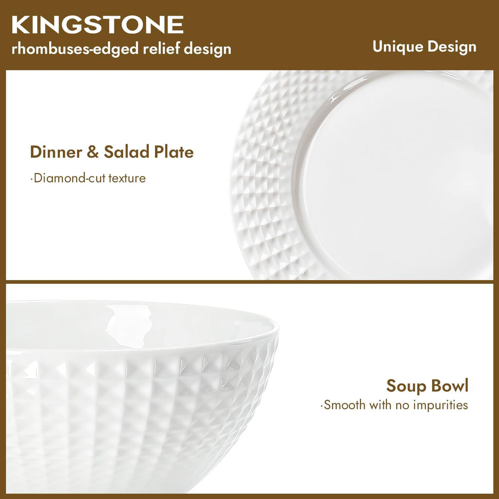 KINGSTONE 12-piece Bone China Dinnerware Set and 20-piece silverware, White Lightweight Porcelain for 4, Plates, Bowls with matching flatware, Microwave and Dishwasher Safe, for Family, Gifting