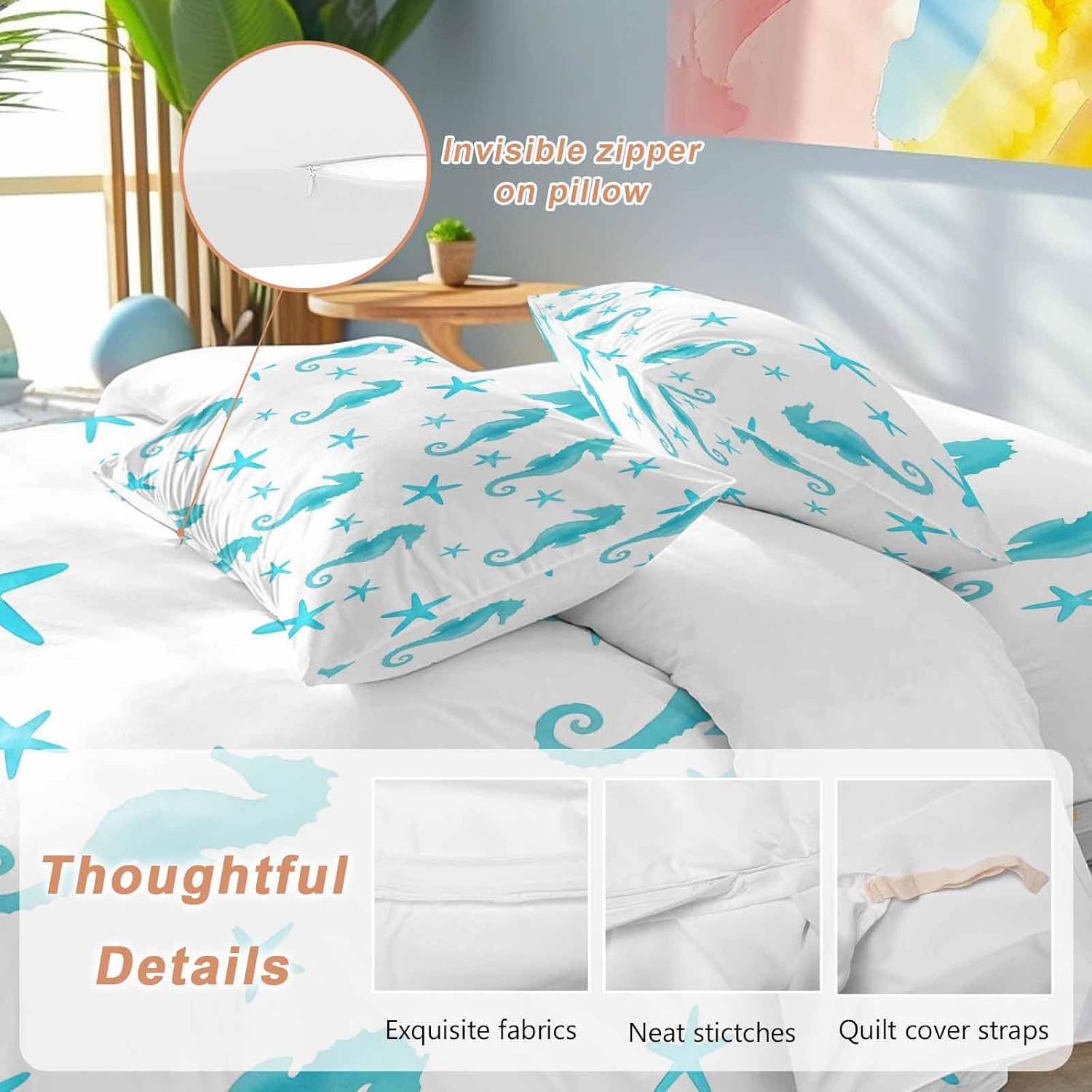 Turquoise Marine Life Duvet Cover Set Queen Size 4 Pieces Summer Seahorse and Starfish Ocean Bedding Set with Zipper Closure, 1 Comforter Cover 92x106 Inches 1 Flat Sheet & 2 Pillow Cases