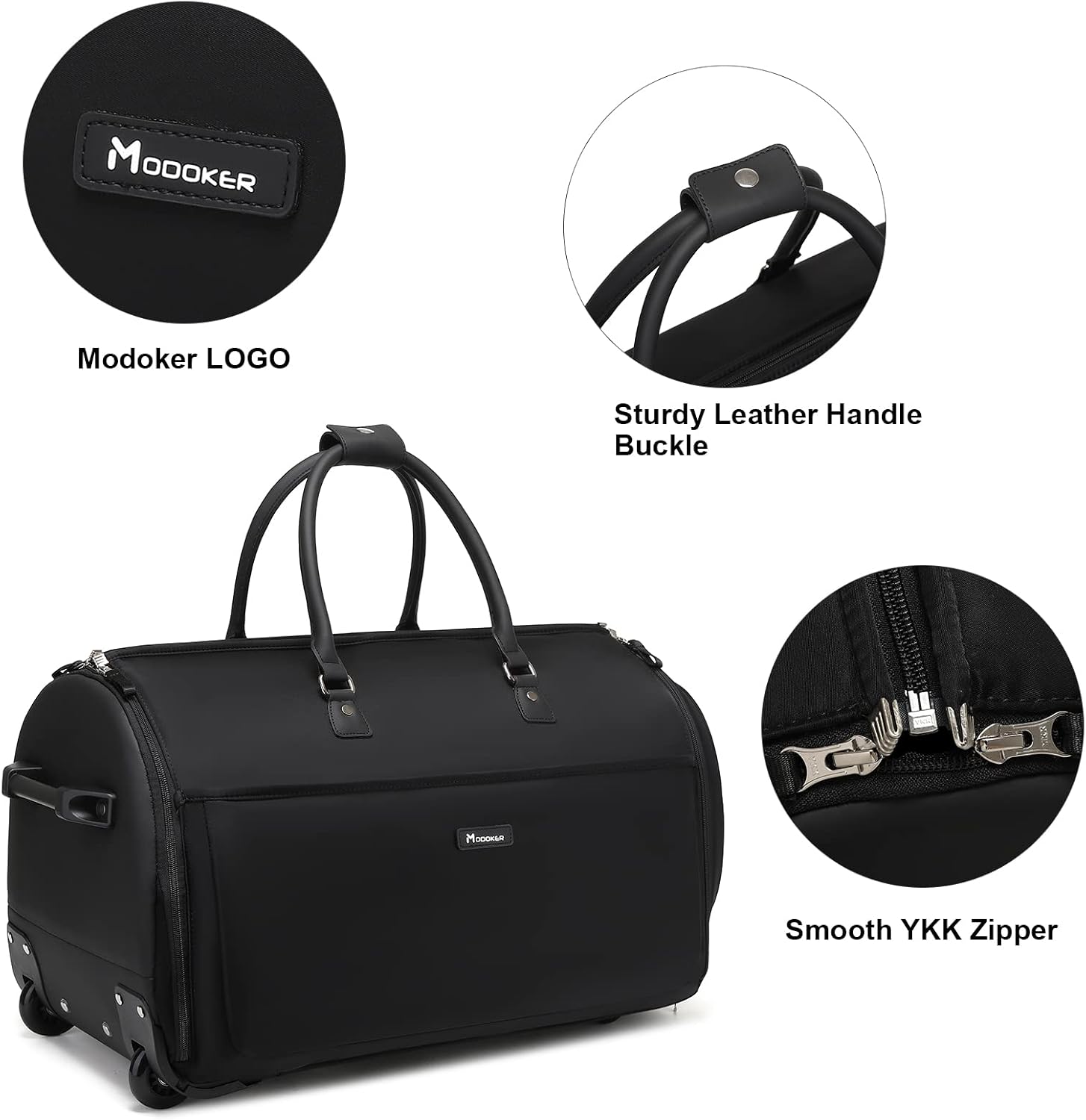 Modoker Rolling Garment Bags, Large Garment Duffle Bag with Wheels, 3 in 1 Garment Suit Luggage Bag for Women Men Business Travel Weekender, Black