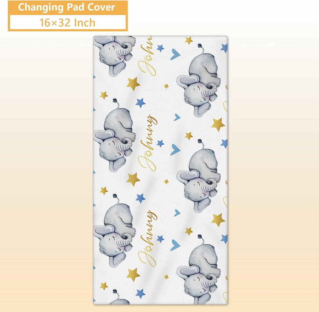 Terwex Custom Baby Crib Bedding Set, 5 Pcs Personalized Name Baby Crib Sets for Infant Toddler, Blue Elephant Nursery Bedding Set for Boy Girl, Double Layer Flannel Baby Bedding Sets Customized Gifts