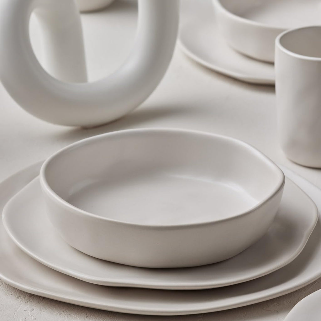 Stone by Mercer Project HEKONDA Modern Stoneware 32-Piece Dinnerware Set, Plate and Bowl Set, Dish Set for 8, Beige