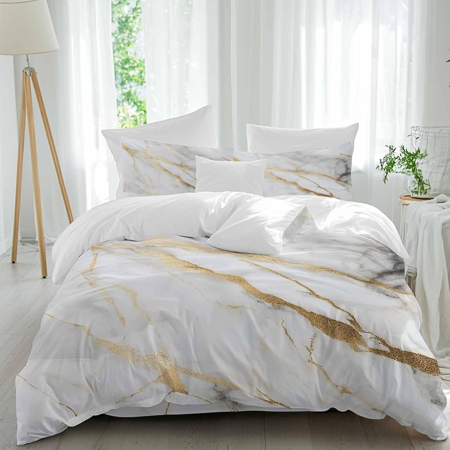 Prime Leader Gray Gold Marble Duvet Cover Set Queen Size 4 Pieces Modern Abstract Luxury Ink Texture Bedding Set with Zipper Closure, 1 Comforter Cover 92x106 Inches 1 Flat Sheet & 2 Pillow Cases