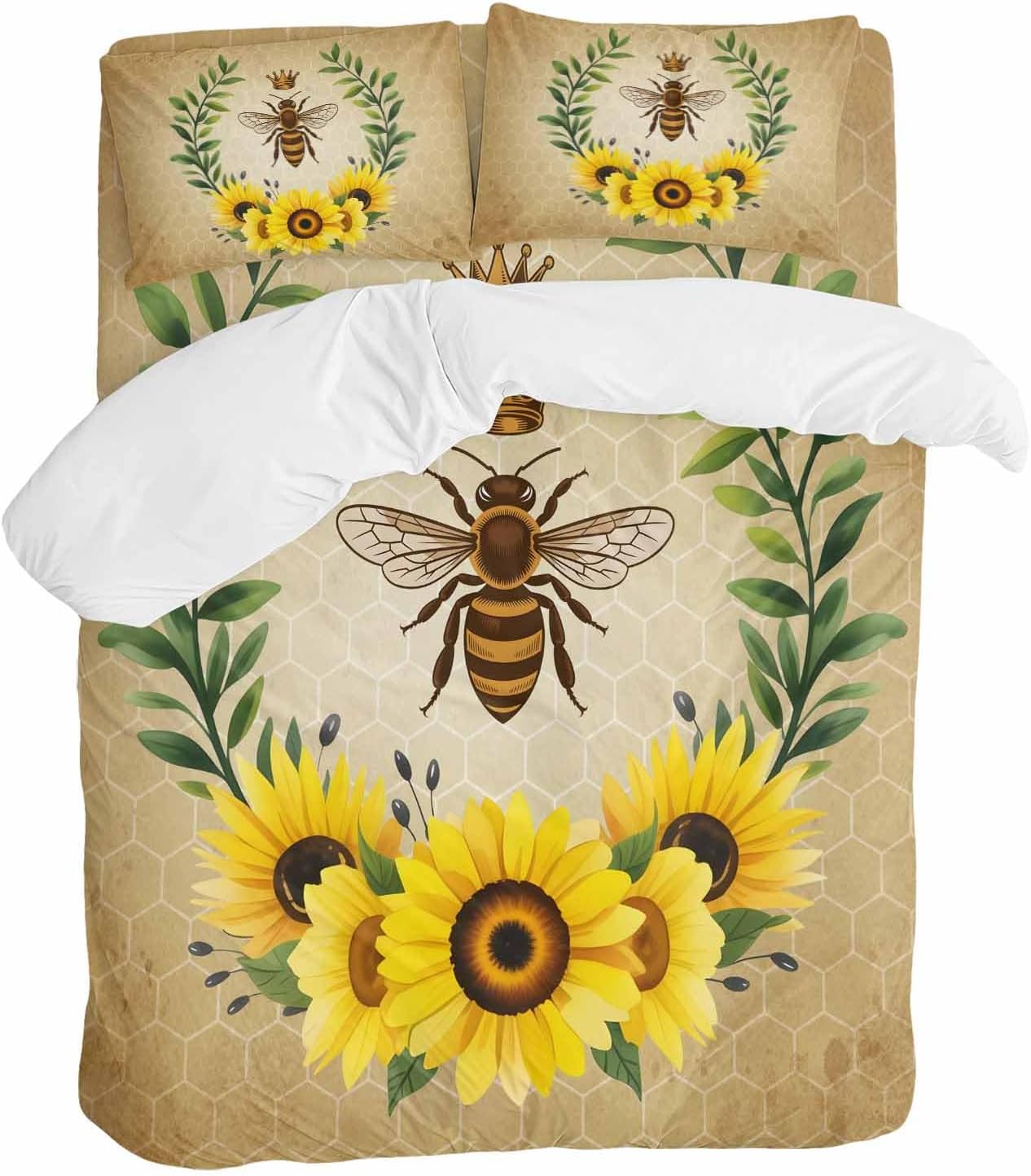 Vintage Crown Bee Duvet Cover Set Queen Size 4 Pieces Country Sunflowers Green Leaves Honeycomb Bedding Set with Zipper Closure, 1 Comforter Cover 86x86 Inches 1 Flat Sheet & 2 Pillow Cases