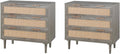 HOPUBUY Large Nightstand Set of 2 with Rattan Drawer, Modern 3 Drawer Night Stand for Bedroom, Wooden Bedside Table for Queen Size and King Size Bed,Grey