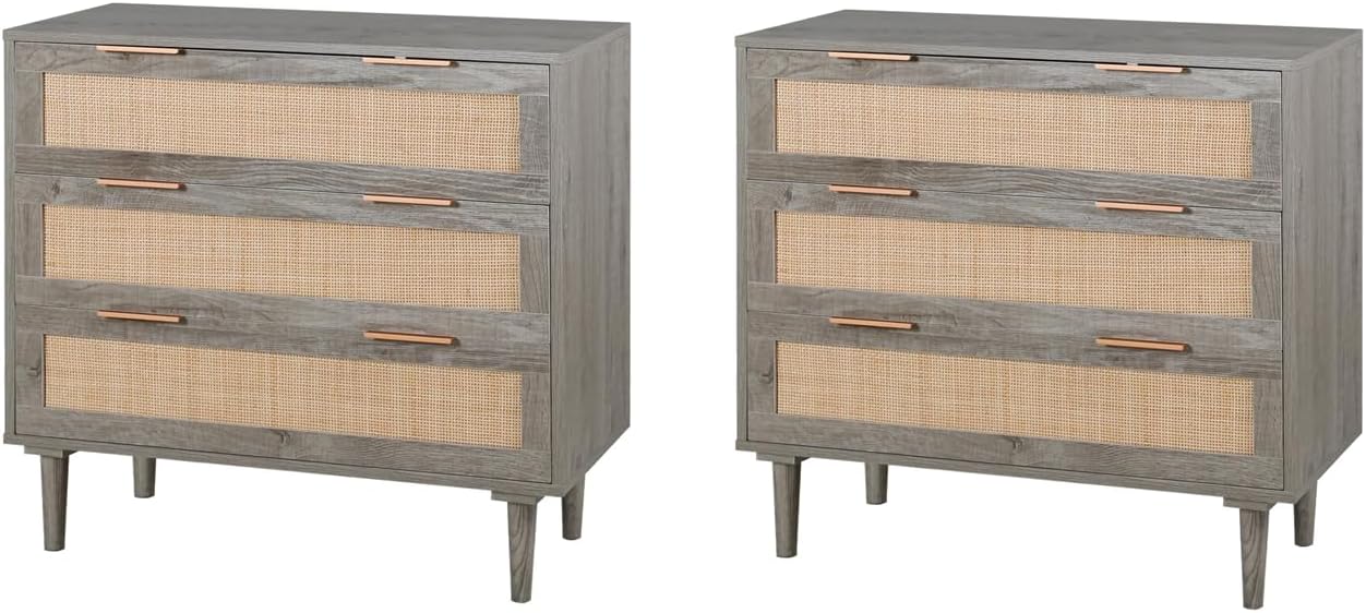 HOPUBUY Large Nightstand Set of 2 with Rattan Drawer, Modern 3 Drawer Night Stand for Bedroom, Wooden Bedside Table for Queen Size and King Size Bed,Grey