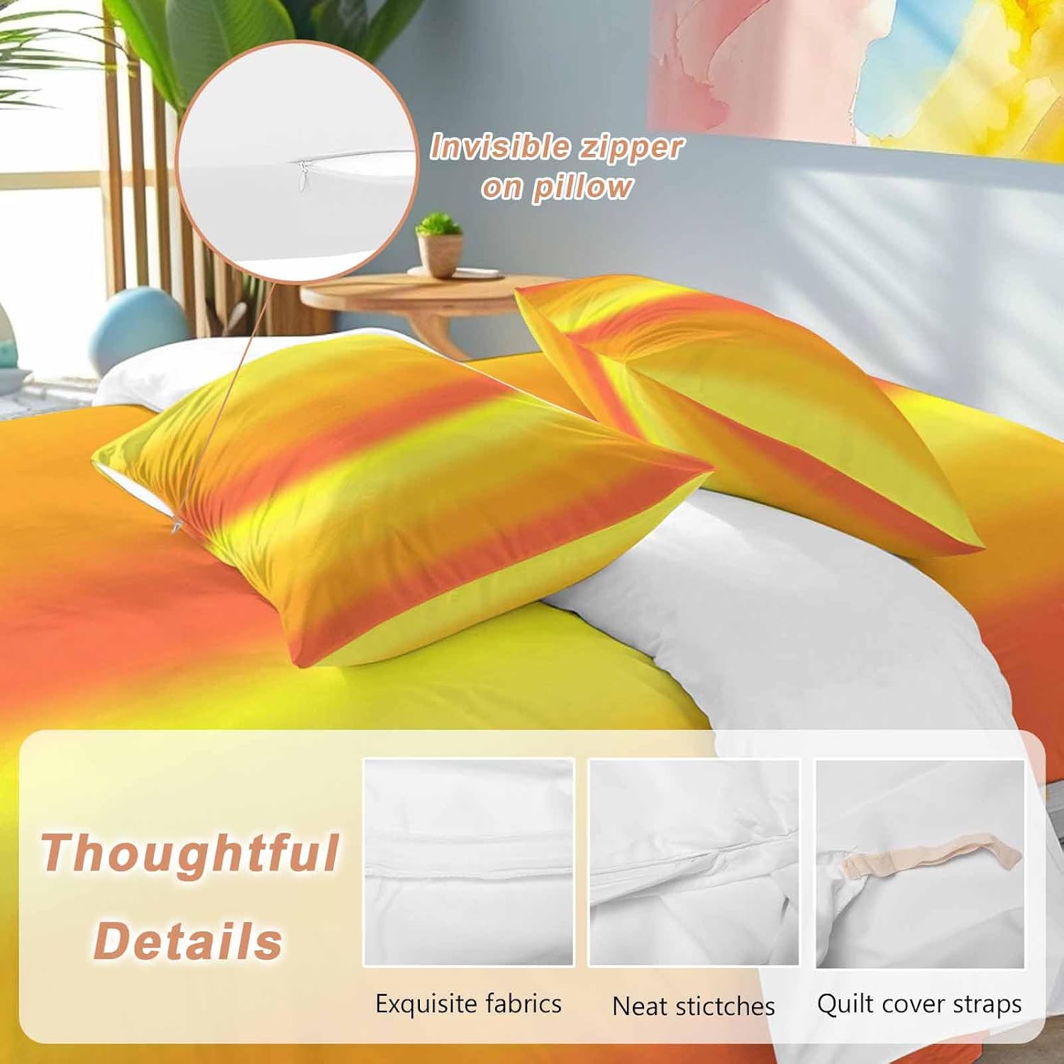Yellow Orange Red Ombre Duvet Cover Set Queen Size 4 Pieces Minimalist Abstract Stripes Texture Bedding Set with Zipper Closure, 1 Comforter Cover 92x106 Inches 1 Flat Sheet & 2 Pillow Cases