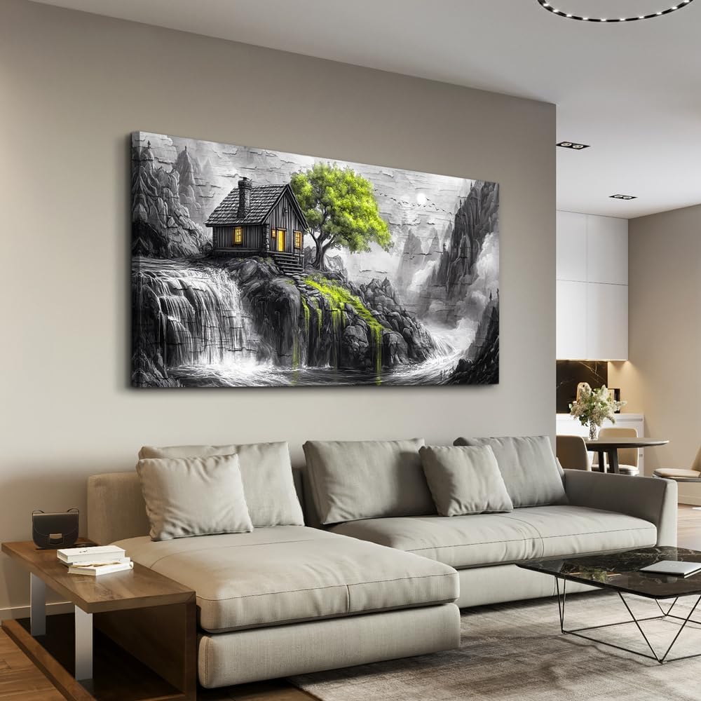 ERQINHUA Large Canvas Wall Art For Living Room Large Wall Decor For Bedroom Office Black And White Wall Painting Decor Green Tree Landscape Picture Artwork Modern Home Decor Ready To Hang 30'X60'