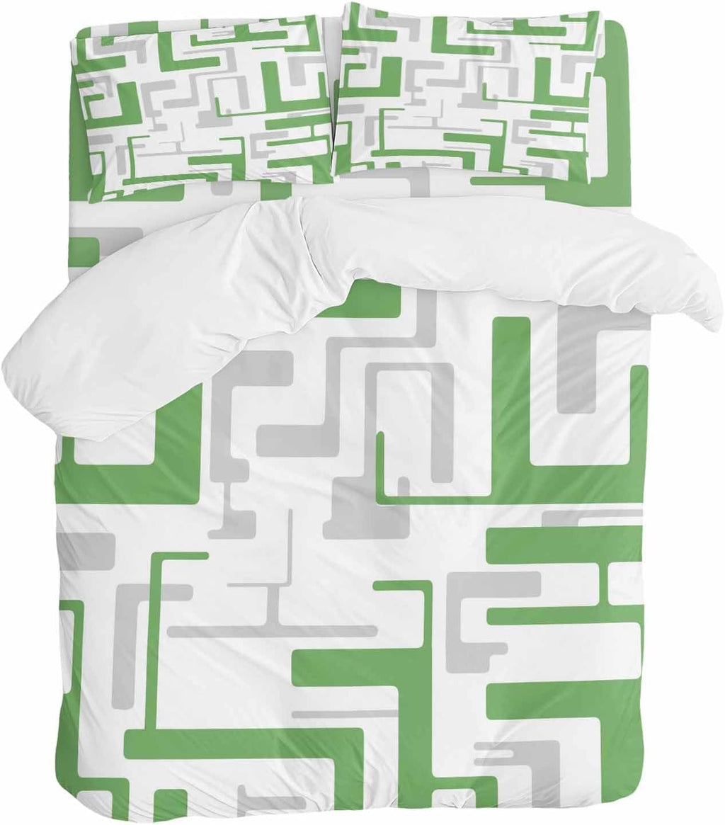 Prime Leader Green Gray Geometric Stripes Duvet Cover Set Queen Size 4 Pieces Modern Abstract Lines Maze Bedding Set with Zipper Closure, 1 Comforter Cover 92x106 Inches 1 Flat Sheet & 2 Pillow Cases