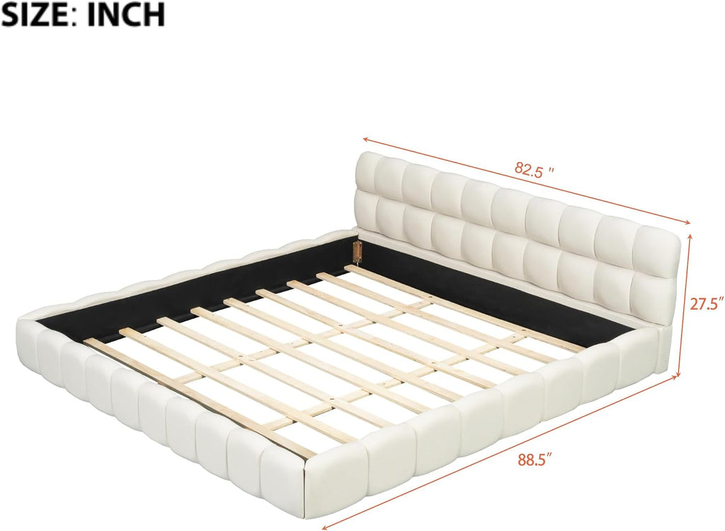 GOWE King Size Upholstered Platform Bed with Thick Fabric, Grounded Bed with Solid Frame, Beige