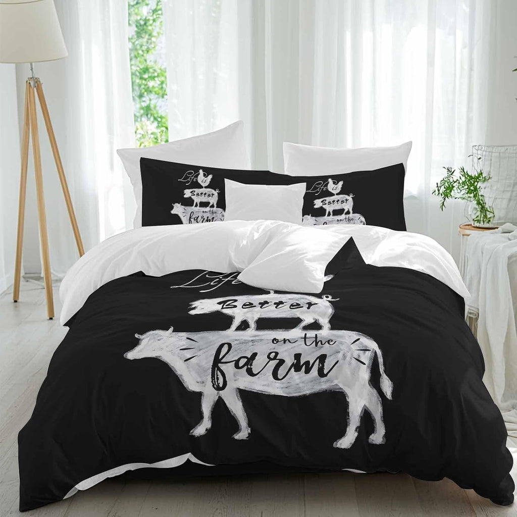 Prime Leader Retro Farm Duvet Cover Set Queen Size 4 Pieces Chicken Pig Cow Farmhouse Animal Black White Bedding Set with Zipper Closure, 1 Comforter Cover 90x92 Inches 1 Flat Sheet & 2 Pillow Cases