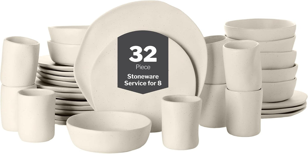 Stone by Mercer Project HEKONDA Modern Stoneware 32-Piece Dinnerware Set, Plate and Bowl Set, Dish Set for 8, Beige
