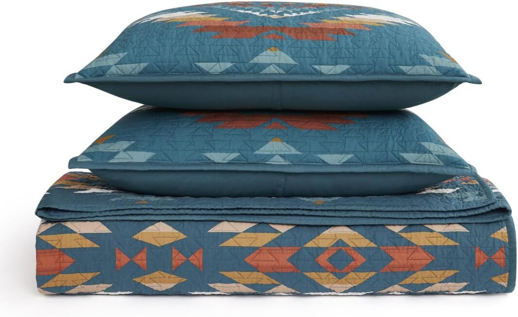 Pendleton Twin Quilt Set – 100% Cotton 2 Piece Quilt Set with Sham, Soft Lightweight Bedding for Twin Size Bed for Dorms, Teal Multi Patterned Comforter Alternative, Twin Bedding Set (Summerland)
