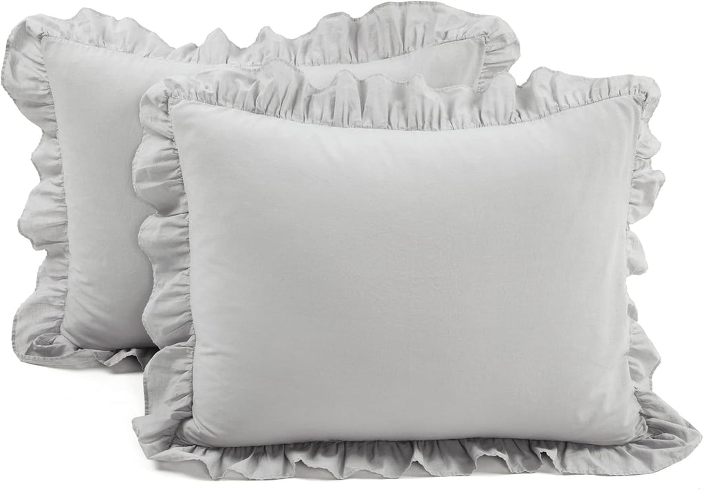 Lush Decor Reyna Ruffle Cotton Duvet Cover Set 3 Piece Set King, Light Gray - King Size Bedding Set - Gray Duvet King- Ruffled Bedding - Coquette Decor