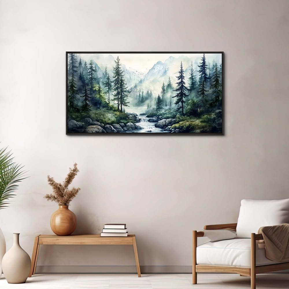 ZUITINGHUA Large Black Framed Wall Decor For Living Room Canvas Wall Art For Office Modern Wall Decorations For Bedroom Misty Forest Painting Tree landscape Pictures Artwork Home Decor 24x48 In