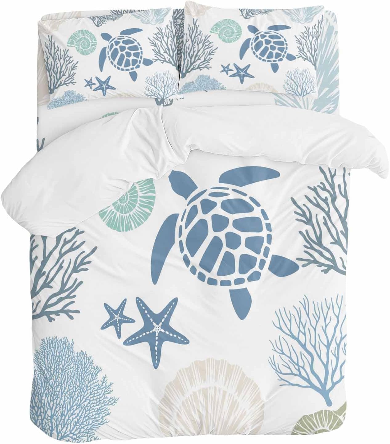 Summer Marine Life Duvet Cover Set Queen Size 4 Pieces Graffiti Sea Turtle Starfish Teal Conch Coral Bedding Set with Zipper Closure, 1 Comforter Cover 86x86 Inches 1 Flat Sheet & 2 Pillow Cases