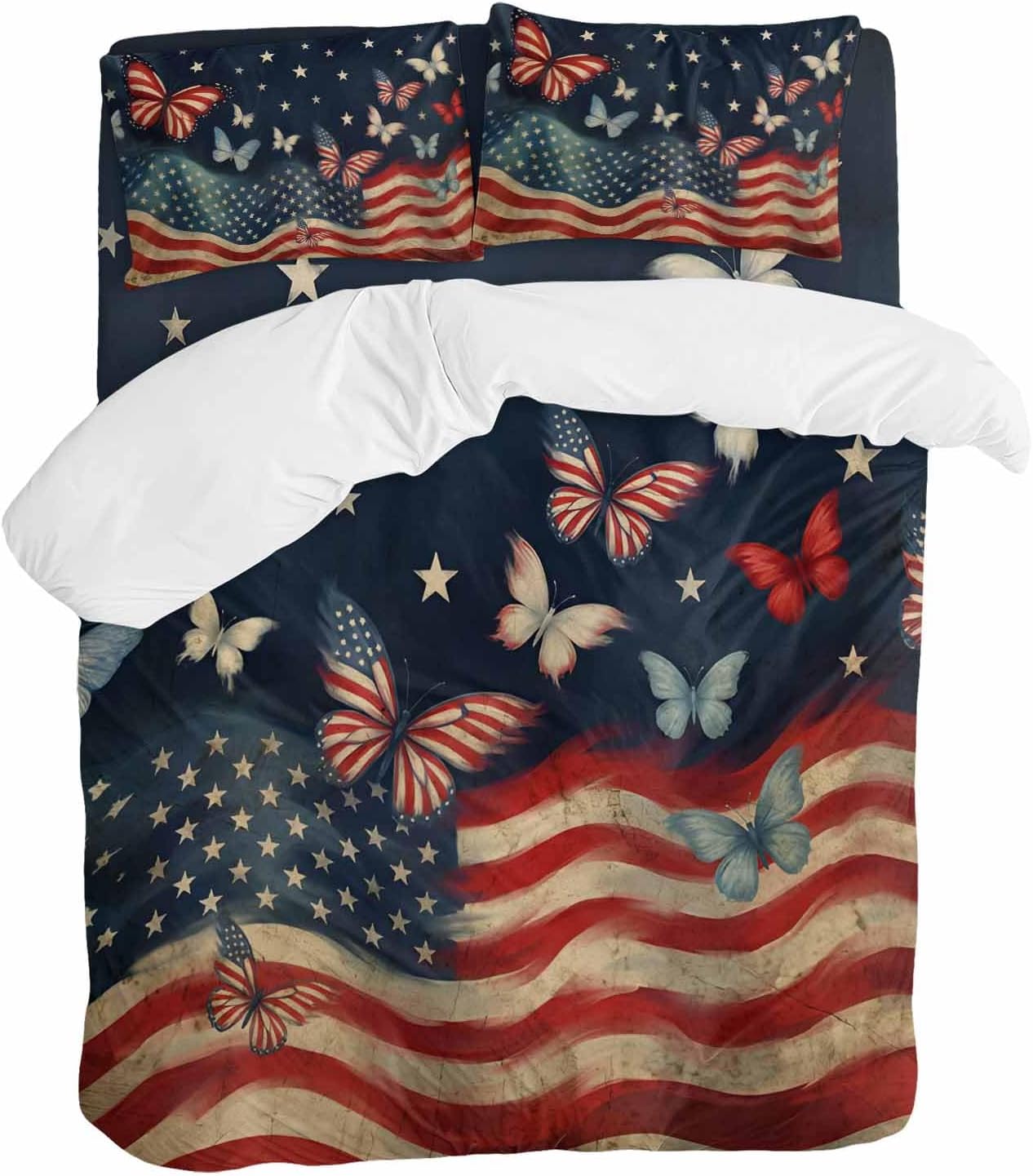 4th of July Duvet Cover Set Queen Size 4 Pieces Independence Day Patriotic Butterfly American Flag Bedding Set with Zipper Closure, 1 Comforter Cover 90x92 Inches 1 Flat Sheet & 2 Pillow Cases