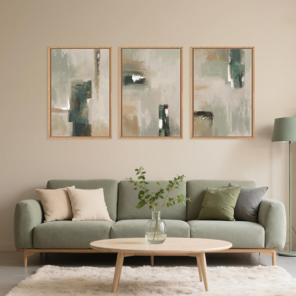 Large Abstract Green Brown Framed Canvas Wall Art,Modern Brush Stoke Wall Decor,Neutral Beige Grey Painting,Rustic Minimalist Artwork for Living Room,Bedroom,Dining Room,Office -24'x36'x3