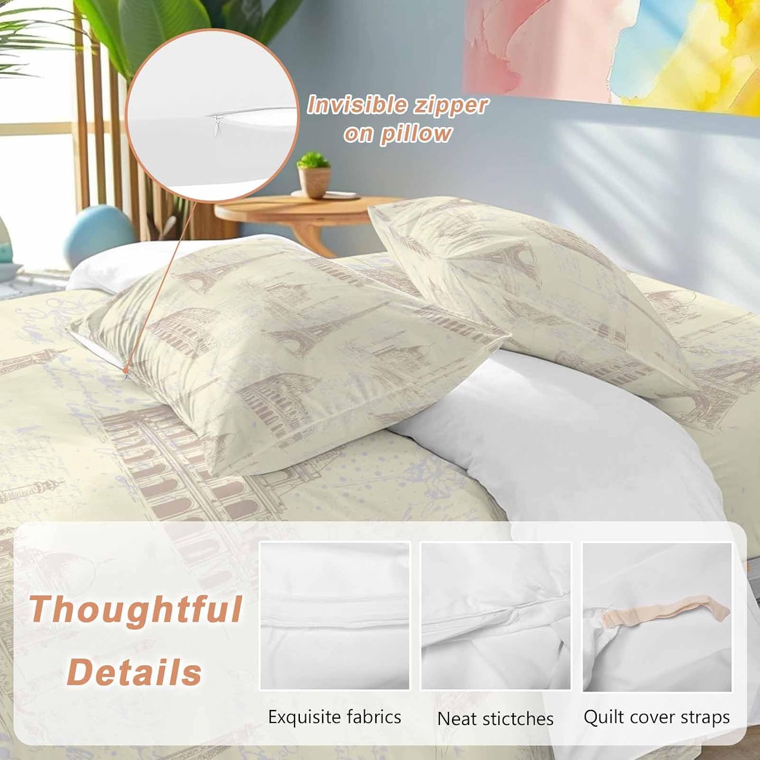 Prime Leader Yellow Architecture Duvet Cover Set Queen Size 4 Pieces Retro Classic Light Yellow City Bedding Set with Zipper Closure, 1 Comforter Cover 92x106 Inches 1 Flat Sheet & 2 Pillow Cases