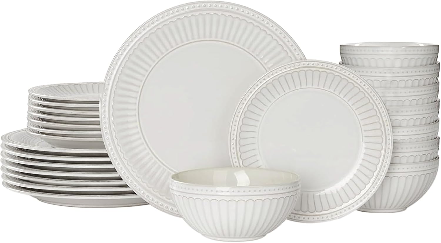Famiware Garden 24-Piece Embossed Plates and Bowls Sets, Stoneware Reactive Glaze Dishes Dinnerware Set, Modern Rustic, Chip & Scratch Resistant, Microwave & Dishwasher Safe, Service for 8, White