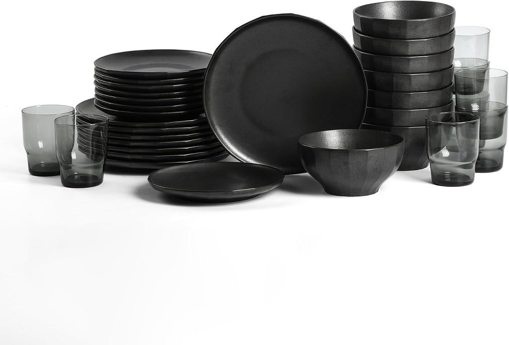 Stone Lain Rio Stoneware 32 Piece Dinnerware Set, Plates and Bowls Sets, Black Dish Set for 8 with Fluted Colored Glass Cups, Microwave & Dishwasher Safe