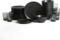 Stone Lain Rio Stoneware 32 Piece Dinnerware Set, Plates and Bowls Sets, Black Dish Set for 8 with Fluted Colored Glass Cups, Microwave & Dishwasher Safe