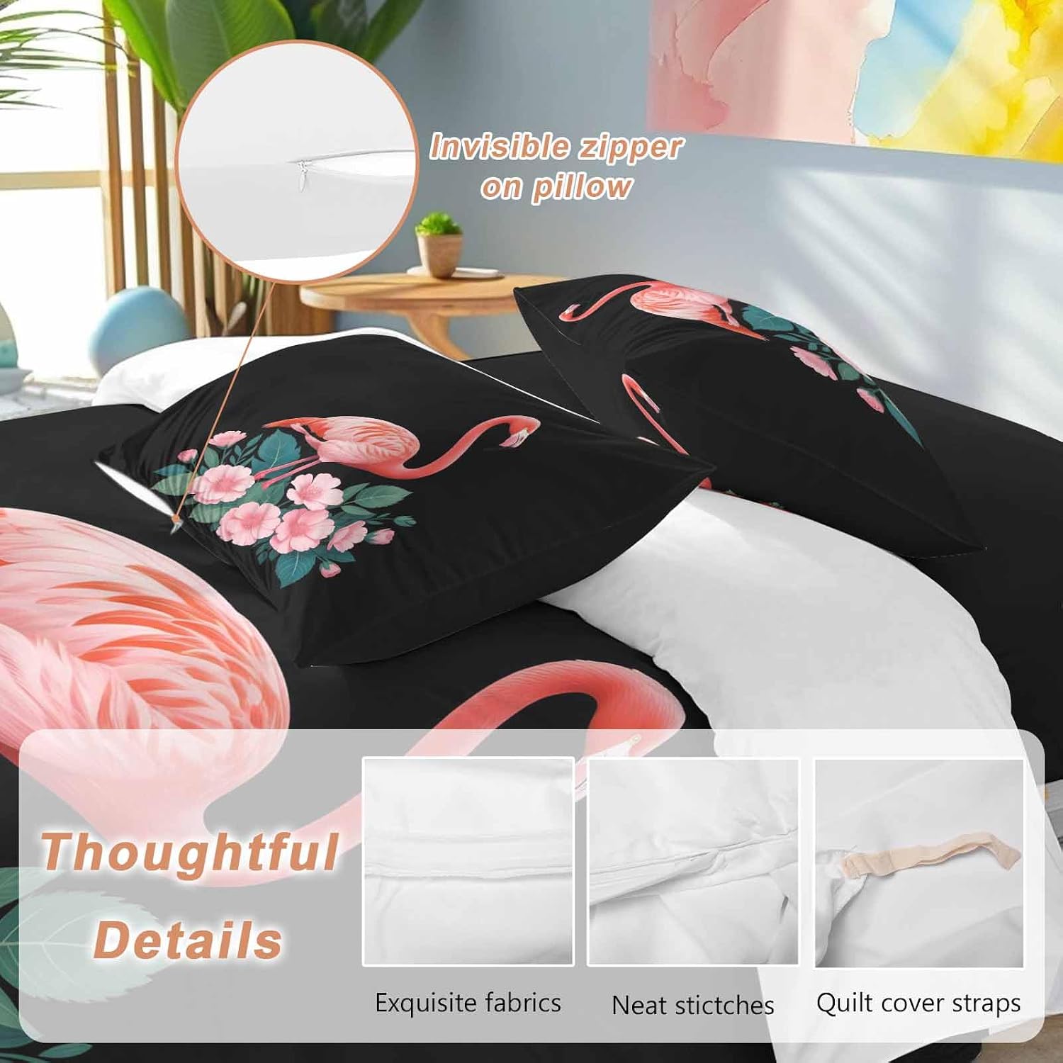 Prime Leader Flamingo Duvet Cover Set Queen Size 4 Pieces Pink Flower Leafs Plants Watercolors Black Bedding Set with Zipper Closure, 1 Comforter Cover 92x106 Inches 1 Flat Sheet & 2 Pillow Cases