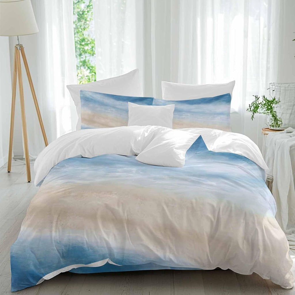 Summer Beach Duvet Cover Set Queen Size 4 Pieces Dark Blue Gradient Ocean Wave Beige Sand Abstract Bedding Set with Zipper Closure, 1 Comforter Cover 86x86 Inches 1 Flat Sheet & 2 Pillow Cases