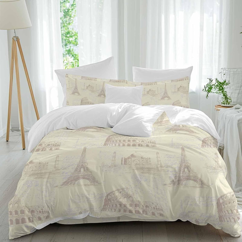 Prime Leader Yellow Architecture Duvet Cover Set Queen Size 4 Pieces Retro Classic Light Yellow City Bedding Set with Zipper Closure, 1 Comforter Cover 86x86 Inches 1 Flat Sheet & 2 Pillow Cases