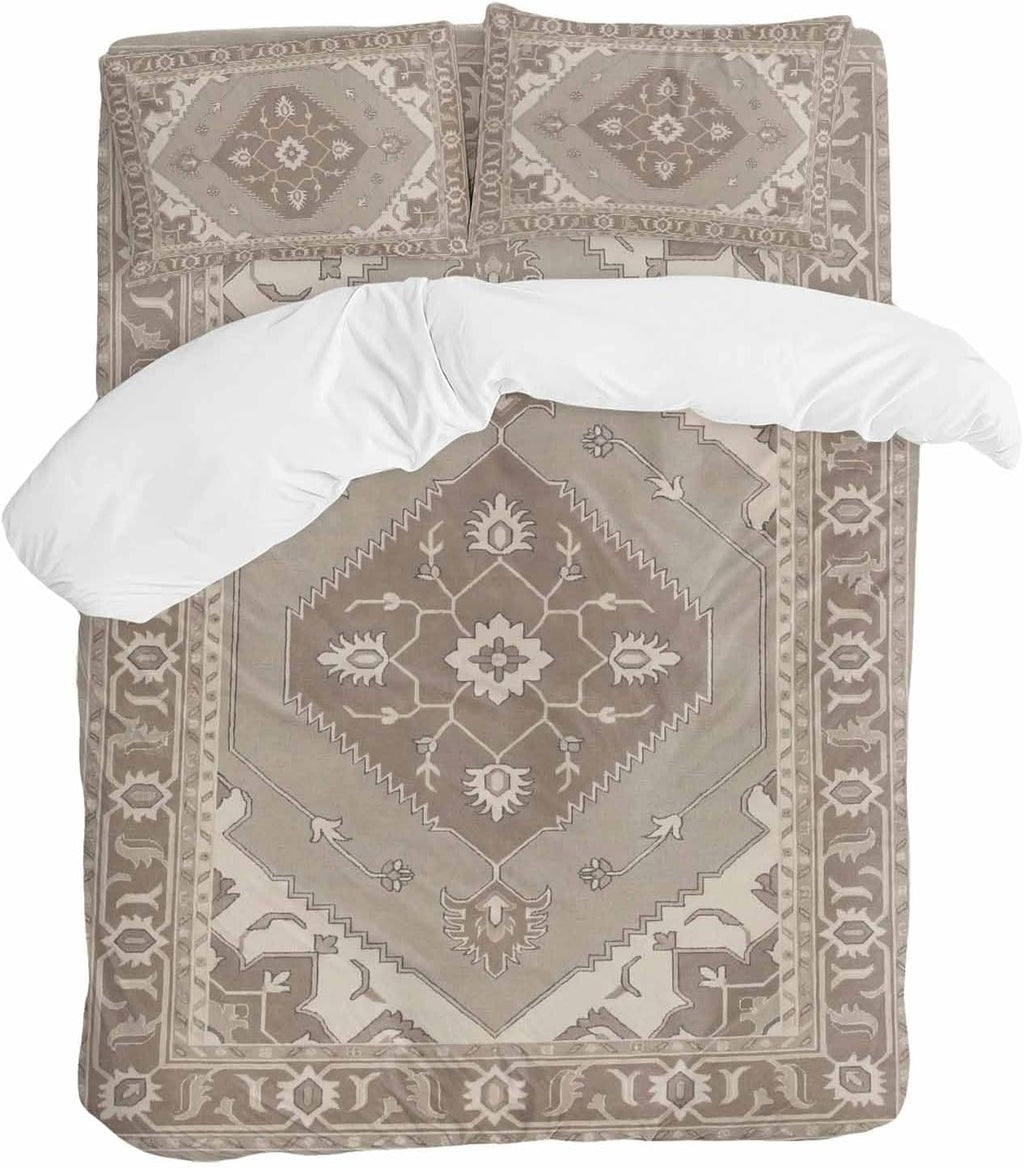 Ethnic Art Boho Duvet Cover Set Queen Size 4 Pieces Abstract Geometric Brown Flower Pattern Retro Border Bedding Set with Zipper Closure, 1 Comforter Cover 90x92 Inches 1 Flat Sheet & 2 Pillow Cases