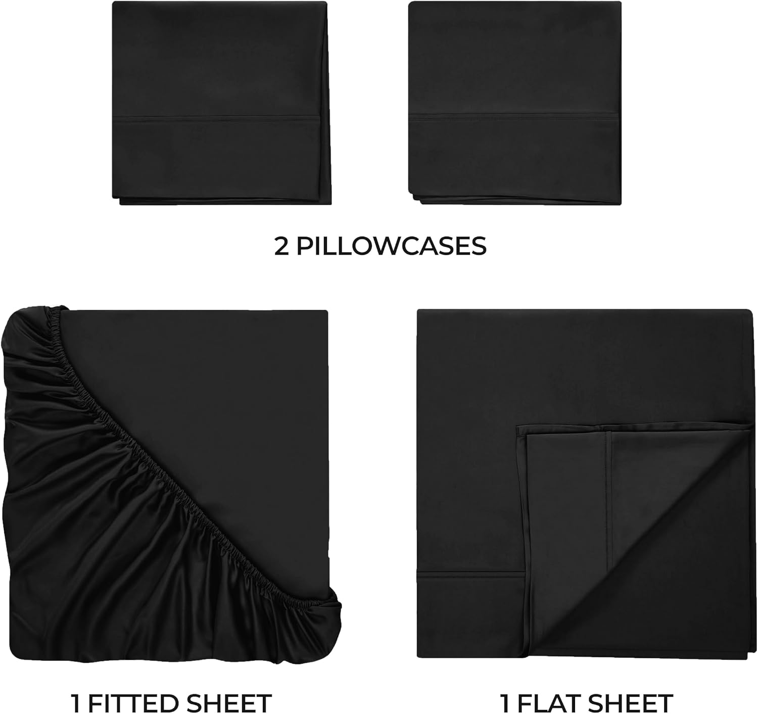 Superior Egyptian Cotton 400 Thread Count Bed Sheet Set, 1 Elastic Deep Pocket Fitted Sheet, 1 Flat Sheet, 2 Pillowcases, Soft Bedding, Luxury Sheets, Sateen Weave, California King Size, Black