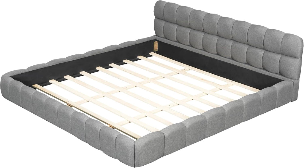 King Size Upholstered Platform Bed with Thick Fabric, Grounded Bed with Solid Frame, Gray