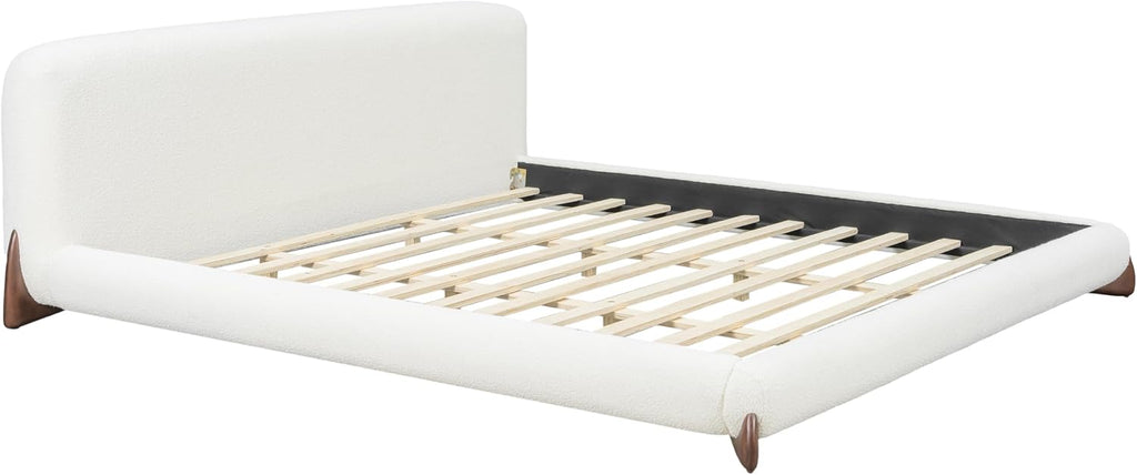 Christopher Knight Home Salden California King Size Bed Frame with Headboard, Boucle Upholstered California King Bed Frame and Headboard, Wooden Slat Support, No Box Spring Needed, White