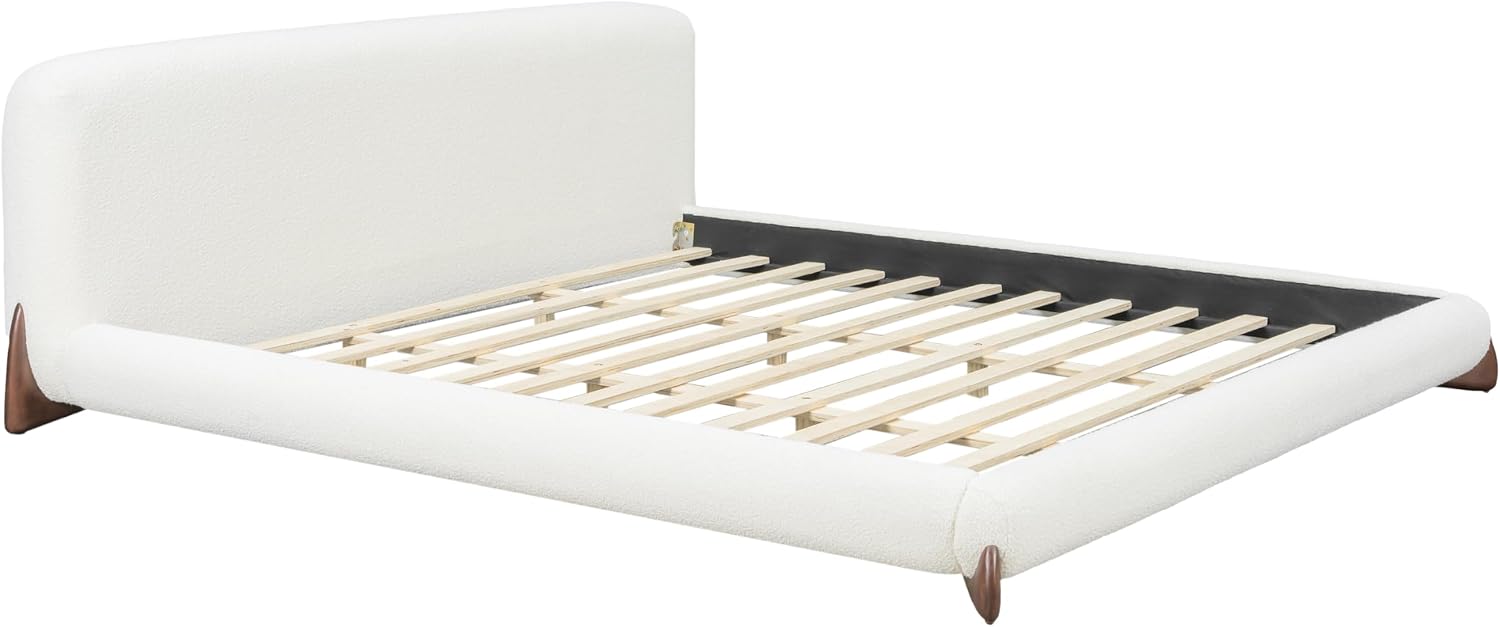 Christopher Knight Home Salden California King Size Bed Frame with Headboard, Boucle Upholstered California King Bed Frame and Headboard, Wooden Slat Support, No Box Spring Needed, White