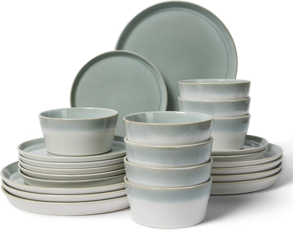 Pokini Dinnerware Sets for 8, Ceramic Plates and Bowls Set, Modern Artisan Dish Set, Microwave & Dishwasher Safe Dishware Set, Chip & Scratch Resistant Dinner Sets, Gradient Green