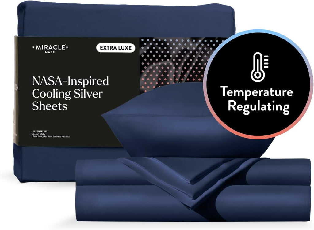 Miracle Made Extra Luxe Soft, Cool-to-the-Touch Cotton Bed Sheet Set, 4-Piece – Silver-Treated, Breathable, Lightweight Bedding – King Size, Navy
