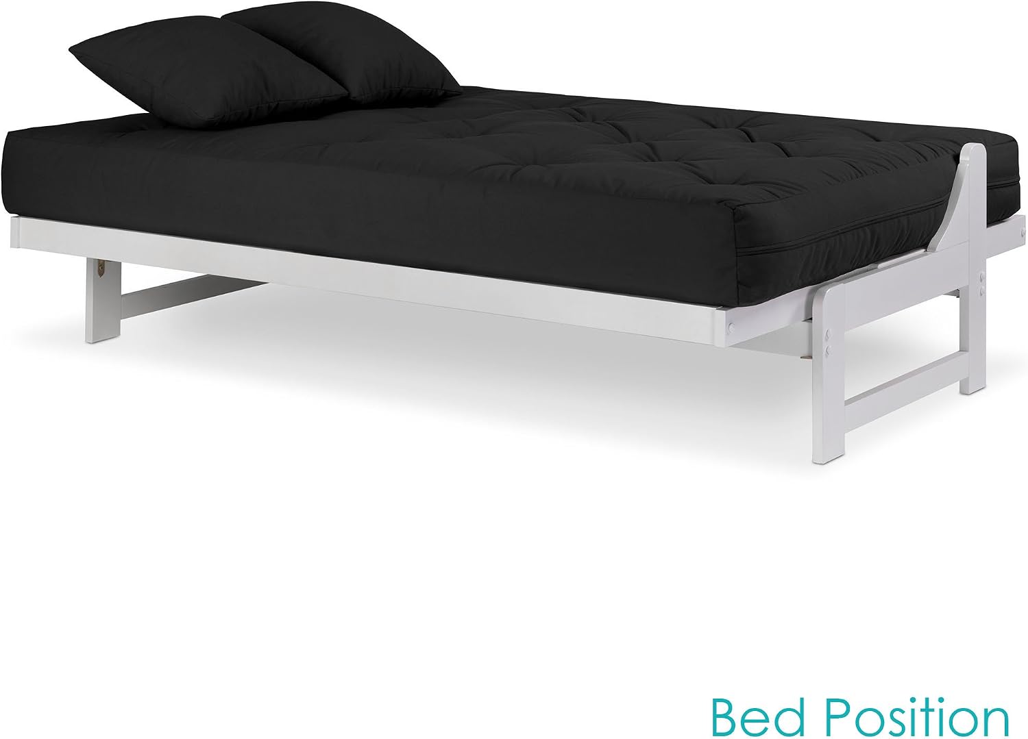 Nirvana Futons Arden White Futon Set Full or Queen Size - Armless Wood Futon Frame with Mattress Included (Twill Black), Space Saving Modern Sofa Bed Sleeper