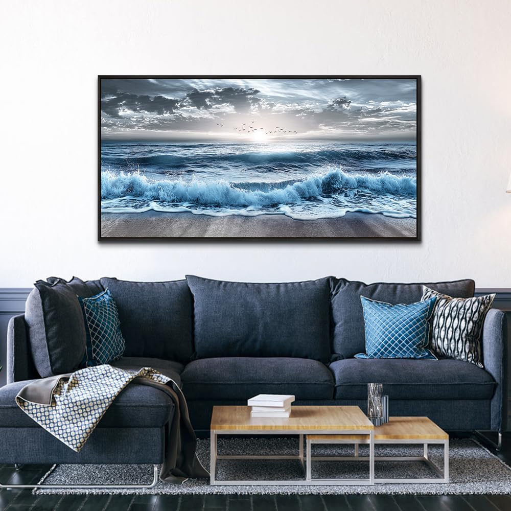 ERQINHUA Large Canvas Wall Decor For Bedroom Wall Art For Living Room Office Decor Blue Beach Sea Wave Paintings Sunrise Ocean Seascape Wall Pictures Artwork Modern Home Decor Black Frame 24x48 In