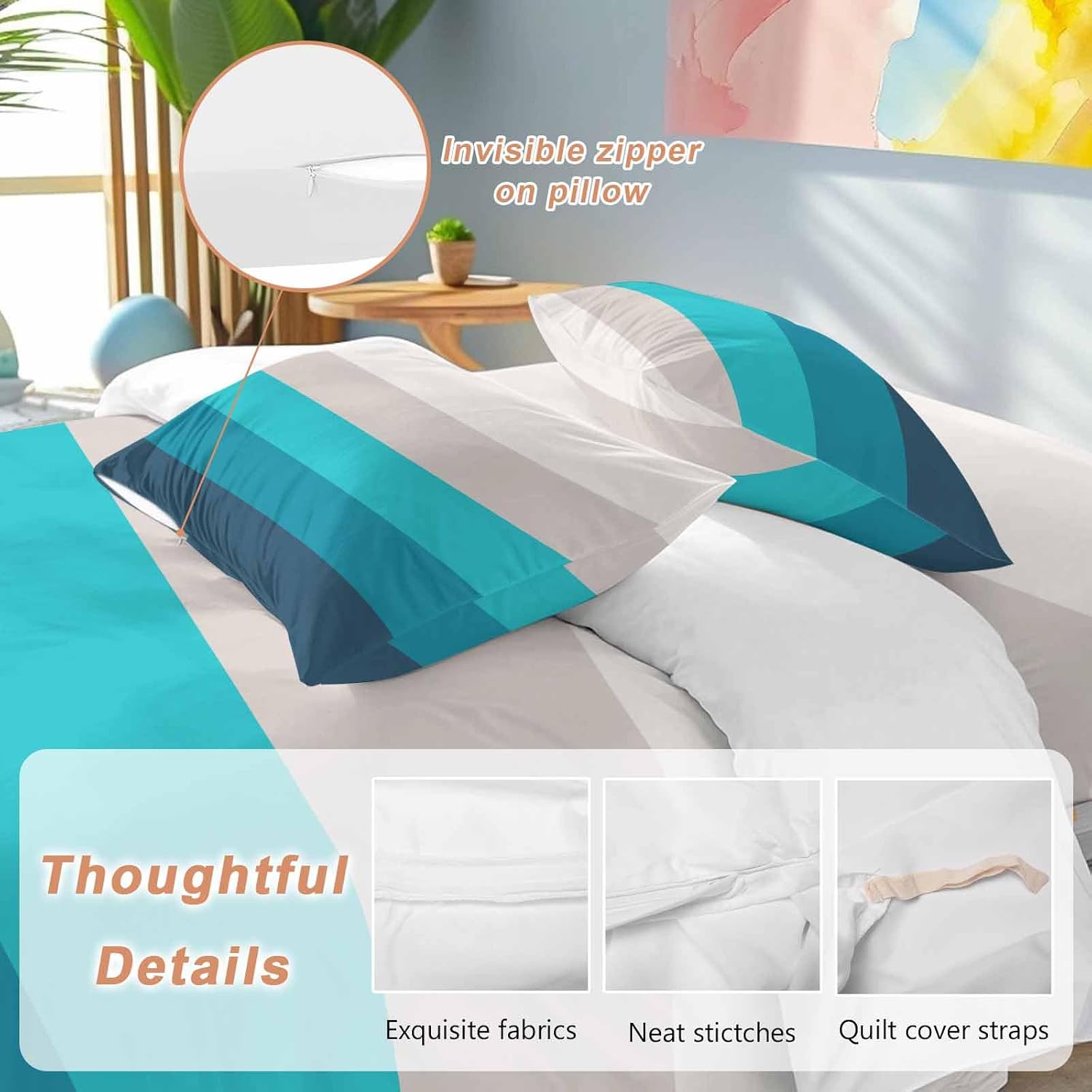 Prime Leader Geometric Stripes Duvet Cover Set Queen Size 4 Pieces Minimalist Turquoise Gradient Pattern Bedding Set with Zipper Closure, 1 Comforter Cover 86x86 Inches 1 Flat Sheet & 2 Pillow Cases