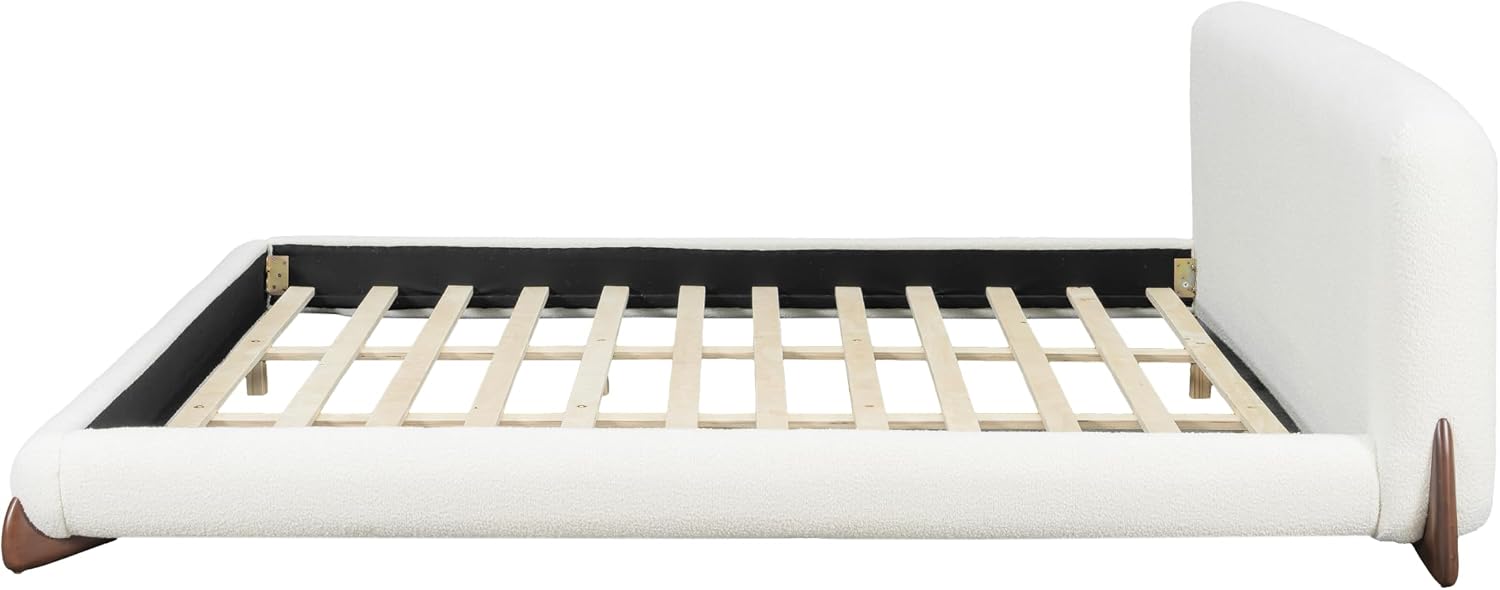 Christopher Knight Home Salden King Size Platform Bed Frame, Boucle Fabric King Size Bed Frame and Headboard, Modern King Bed Set, Wooden Slat Support, No Box Spring Needed, Easy Assembly, White