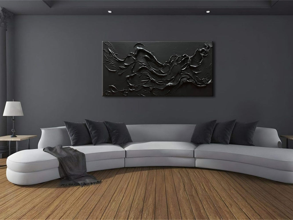 zoinart 100% Hand Painted Thick Texture Black Wall Art Minimalist Oil Painting Contemporary Art 24x48 Inches Oil on Canvas Black Texturd Wall Art Home Decoration