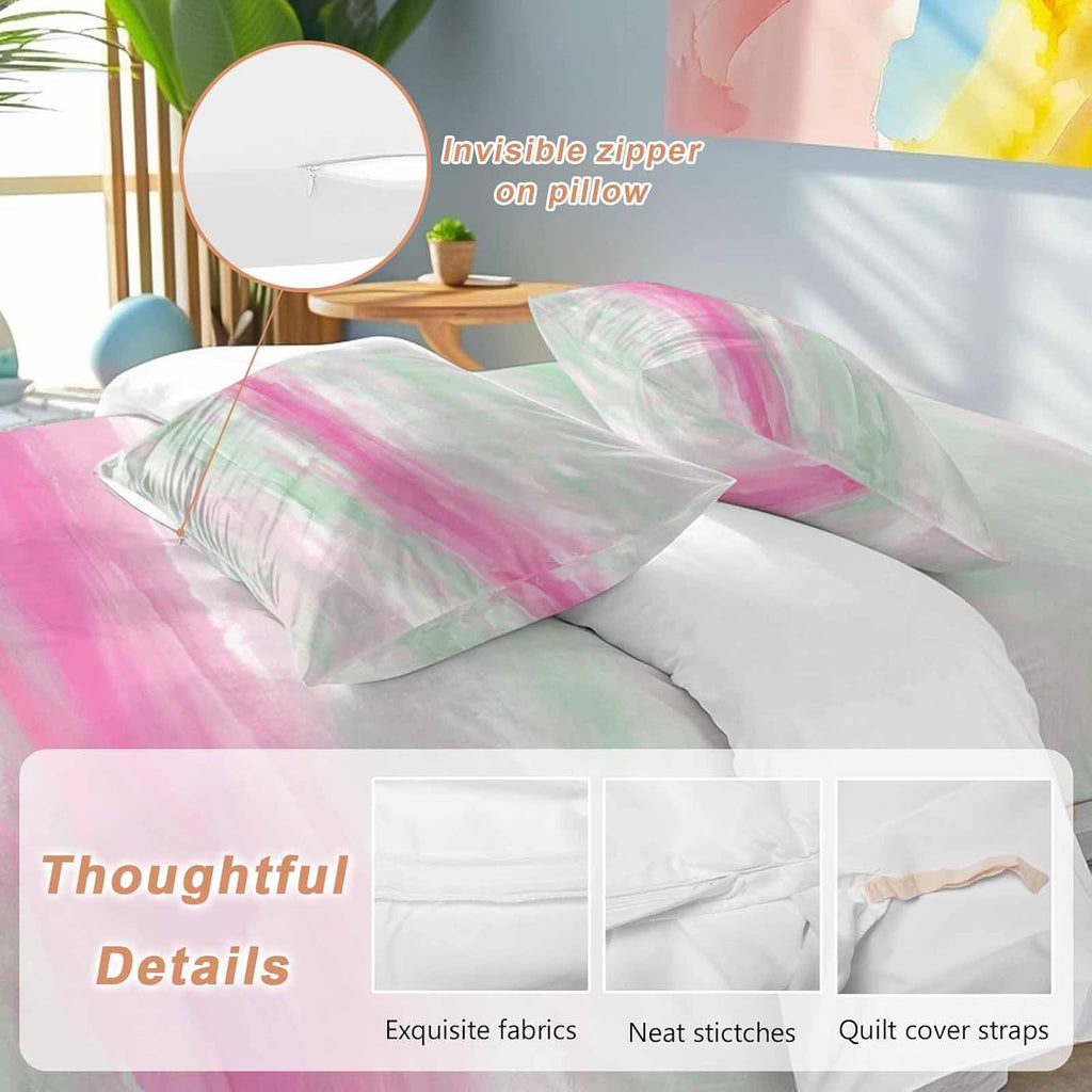 Abstract Sunset Duvet Cover Set Queen Size 4 Pieces Pink Green White Gradient Modern Oil Painting Bedding Set with Zipper Closure, 1 Comforter Cover 90x92 Inches 1 Flat Sheet & 2 Pillow Cases