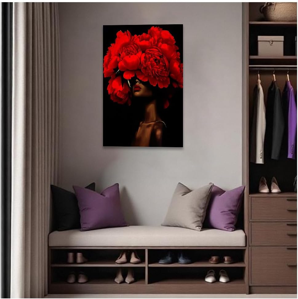 DOARTDO African American Wall Art Woman with Flowers on Head Painting Black and Red Pictures Black Women Portrait Canvas Prints Bedroom Home Decor Framed (Red, (28.00' x 42.00')