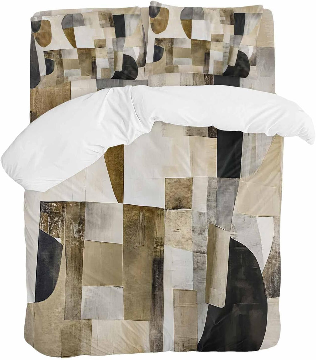 Prime Leader Abstract Duvet Cover Set Queen Size 4 Pieces Brown Black Color Block Geometric Contemporary Bedding Set with Zipper Closure, 1 Comforter Cover 90x92 Inches 1 Flat Sheet & 2 Pillow Cases