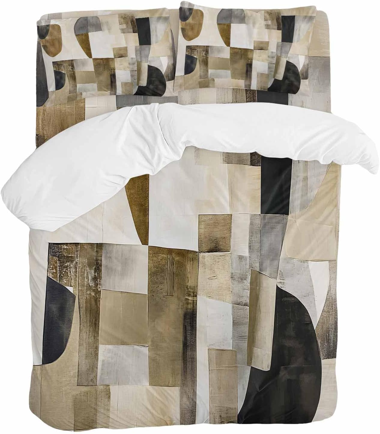 Prime Leader Abstract Duvet Cover Set Queen Size 4 Pieces Brown Black Color Block Geometric Contemporary Bedding Set with Zipper Closure, 1 Comforter Cover 90x92 Inches 1 Flat Sheet & 2 Pillow Cases
