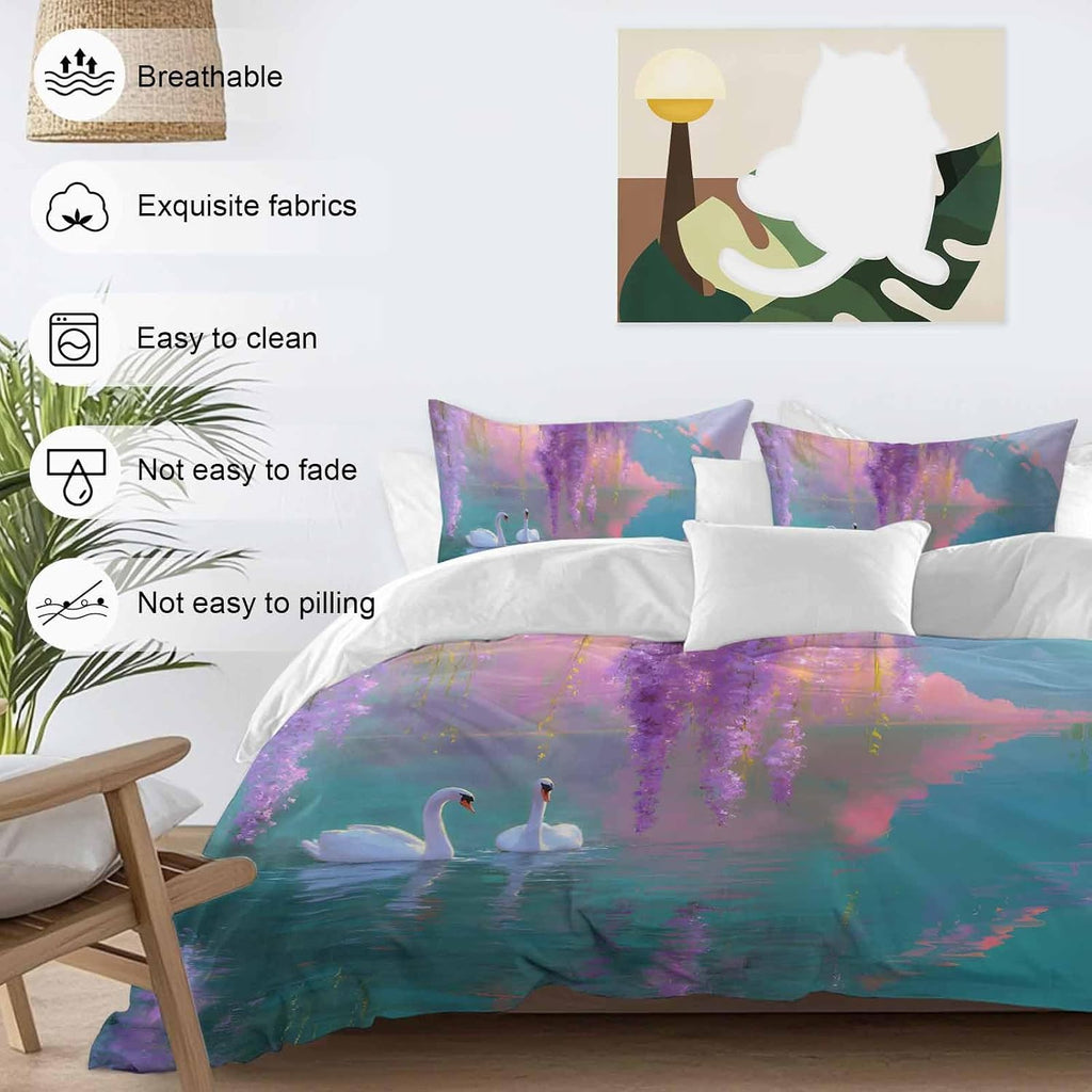 Swan Duvet Cover Set Queen Size 4 Pieces Oil Painting Spring Wisteria Gradient Pink Green Lake Bedding Set with Zipper Closure, 1 Comforter Cover 90x92 Inches 1 Flat Sheet & 2 Pillow Cases
