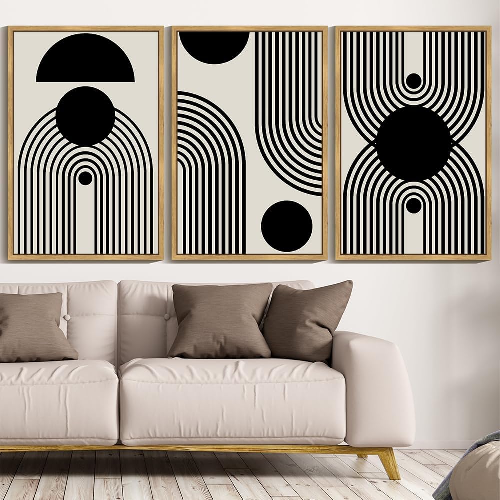 Drsoum Large 24x36in Black and White Abstract Framed Wall Art Decor Duotone Minimal Dark Brush Stroke Prints Shapes Illustrations Modern Art Decorative Ready To Hang - Natural Framed