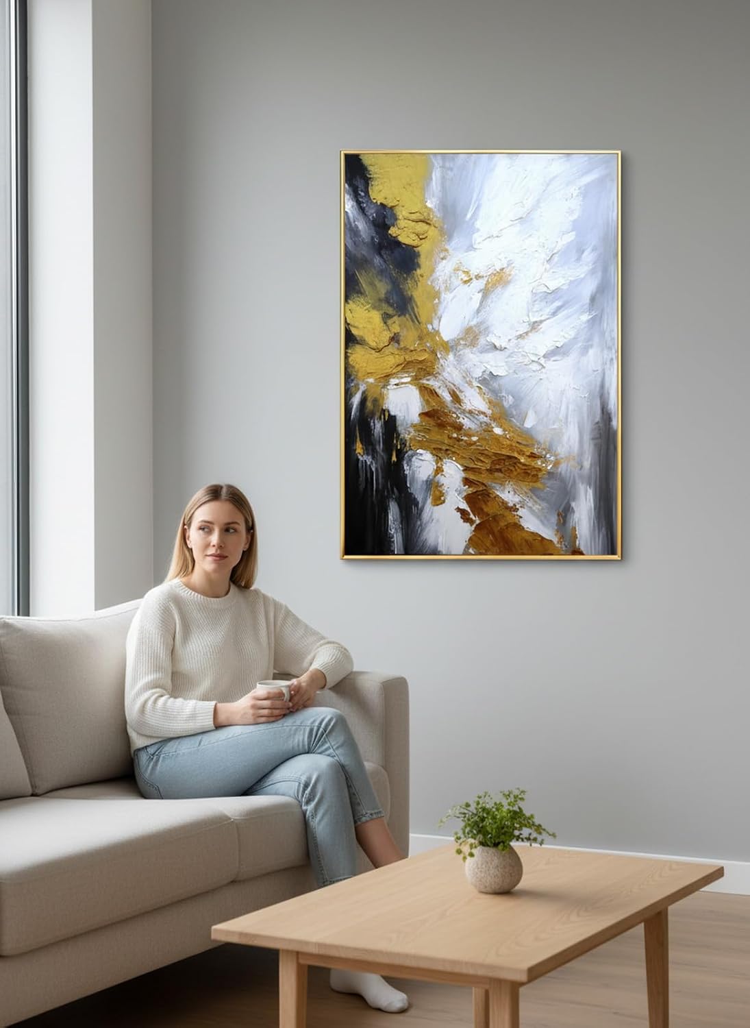 Large 3D Texture Glod Abstract Canvas Wall Art for Living Room,Framed Hand Painted Black and White Abstract Oil Painting for entrance hallway,Modern Thick Textured Wall Decorations Painting Hang for Home Office Décor 32x48inches