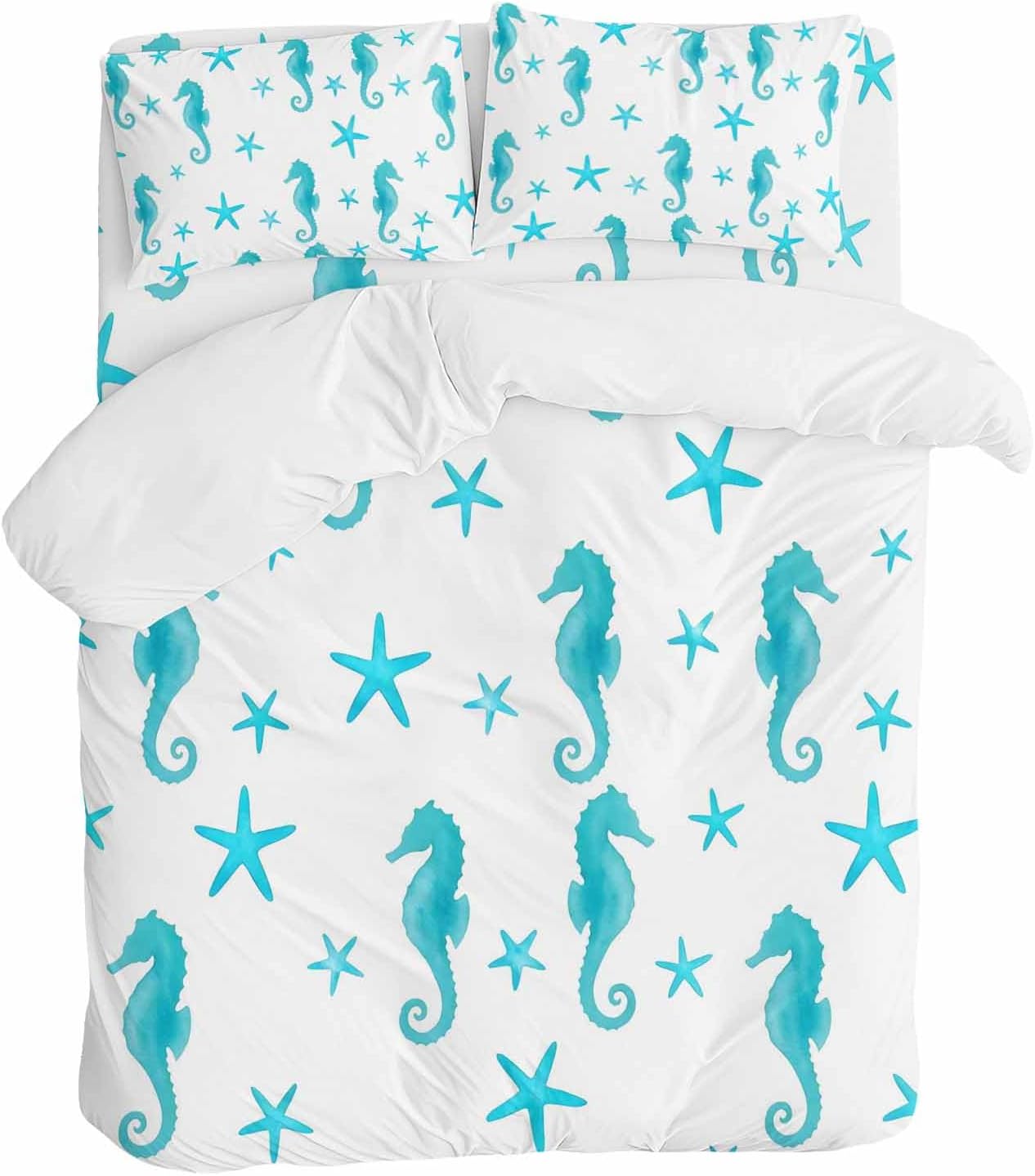 Turquoise Marine Life Duvet Cover Set Queen Size 4 Pieces Summer Seahorse and Starfish Ocean Bedding Set with Zipper Closure, 1 Comforter Cover 92x106 Inches 1 Flat Sheet & 2 Pillow Cases