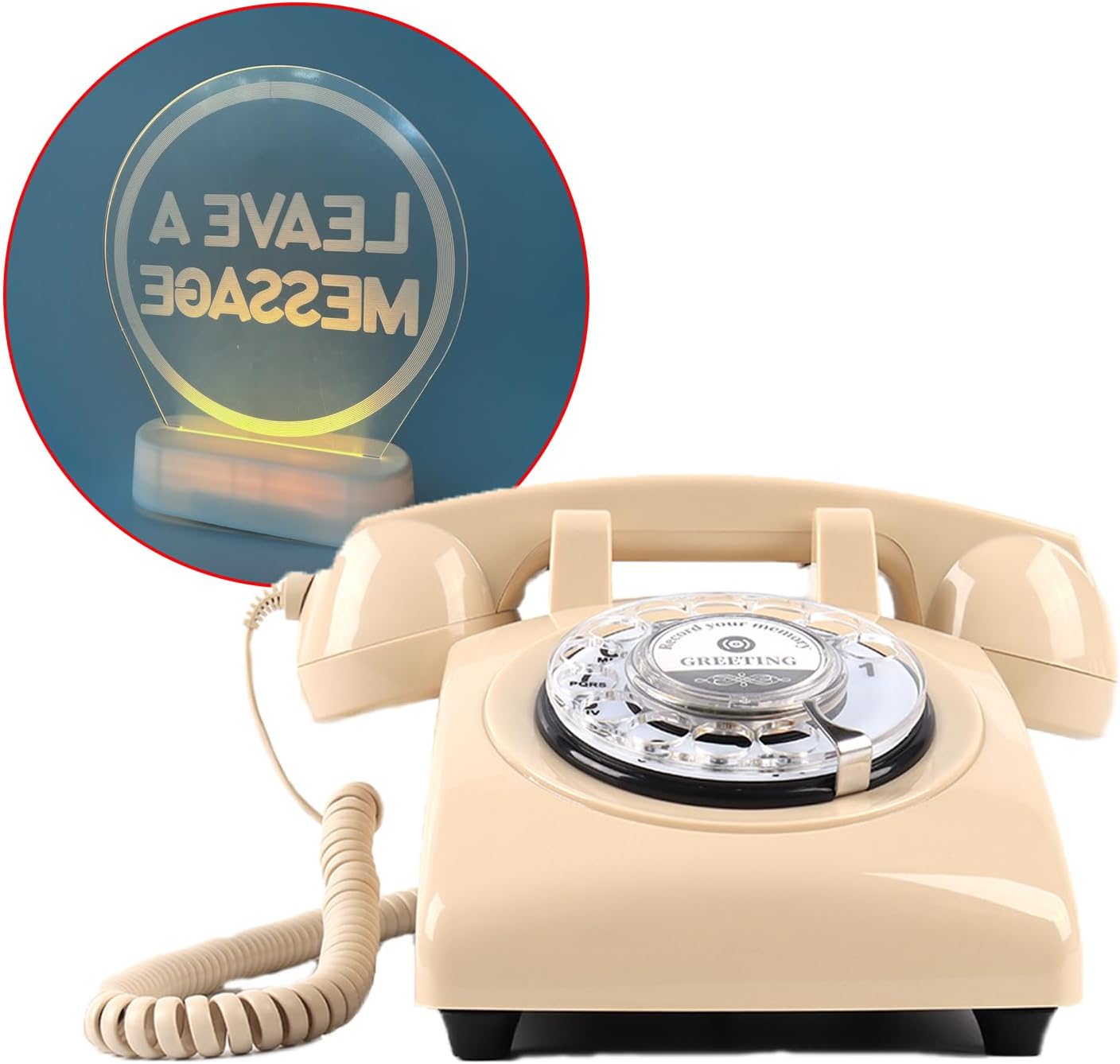 Premium Audio Guest Book Telephone with Free LED Wedding Sign | Vintage and Retro Style Audio Guestbook | Rotary Phone with Audio Record Voice Messages (Beige)
