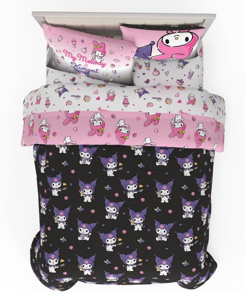 Sanrio Kuromi & My Melody Bedding 7 Piece Super Soft Cozy Reversible Comforter and Sheet Set with Sham, Queen, (100% Official Licensed Product) By Franco